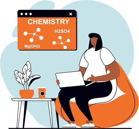 Jeune fille apprenant la chimie en ligne  Illustration