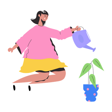 Jeune fille, arrosage, plante  Illustration