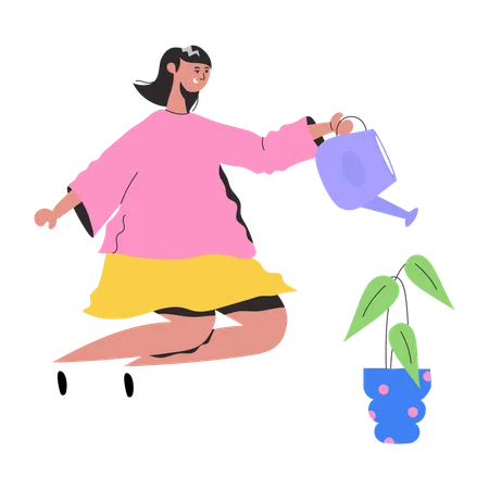 Jeune fille, arrosage, plante  Illustration