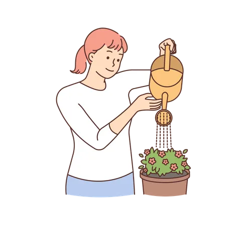 Jeune fille arrosant un pot de fleur  Illustration