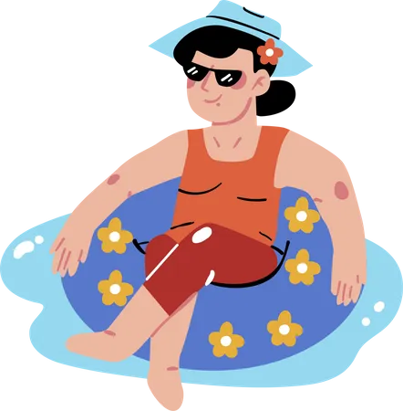 Jeune fille assise dans un tube flottant sur la plage  Illustration