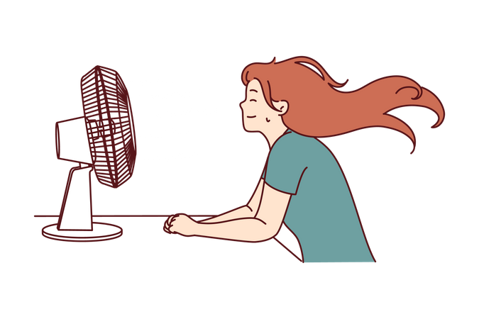 Jeune fille assise devant un ventilateur de table en été  Illustration