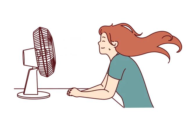 Jeune fille assise devant un ventilateur de table en été  Illustration