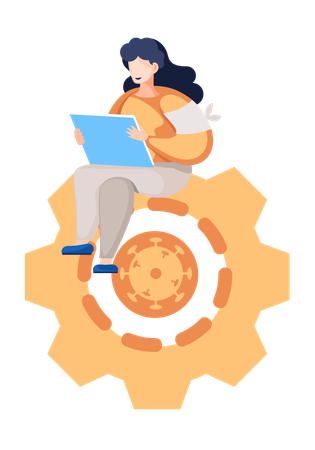 Jeune fille assise sur la roue dentée  Illustration