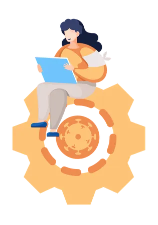 Jeune fille assise sur la roue dentée  Illustration