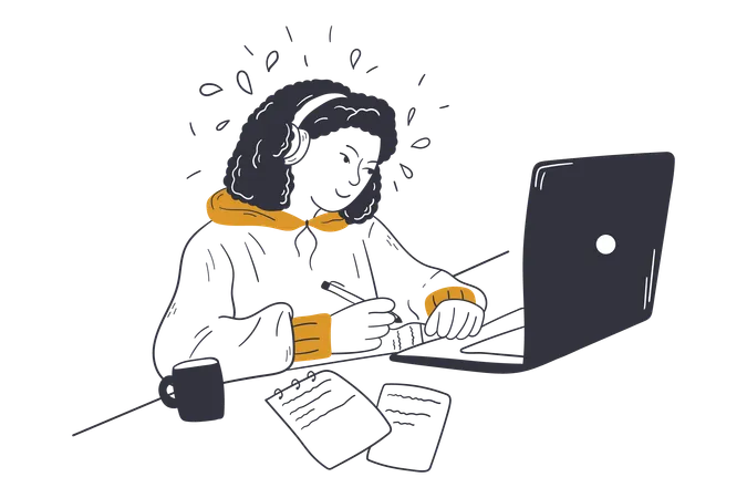 Jeune fille assistant à une conférence en ligne via un ordinateur portable  Illustration