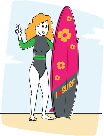 Jeune fille avec planche de surf dans les mains debout sur Sandy Beach Show Victory Gesture  Illustration