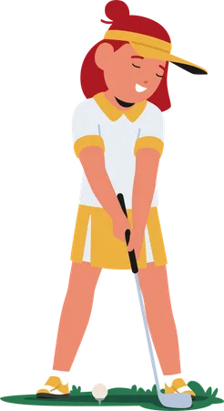 Une jeune fille déterminée et concentrée pratique son swing de golf  Illustration