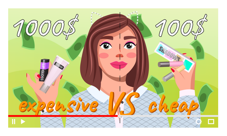 Blogueuse beauté d'une jeune fille montrant la différence entre les cosmétiques chers et les cosmétiques bon marché  Illustration