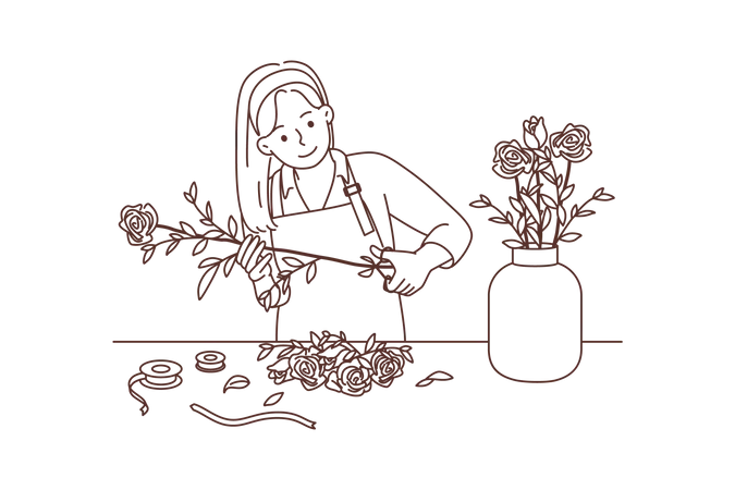 Jeune fille coupant une rose et mise dans un pot de fleur  Illustration