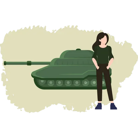 La Jeune Fille Se Tient A Cote Dun Char Militaire Illustration