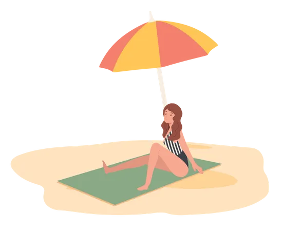 Jeune fille se détendant sur la plage, assise sur un tapis sous un parapluie  Illustration