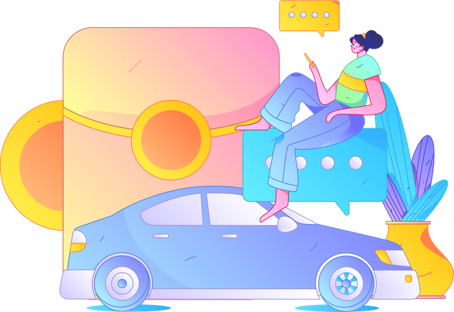 Une jeune fille discute avec un chauffeur de taxi sur son téléphone portable  Illustration