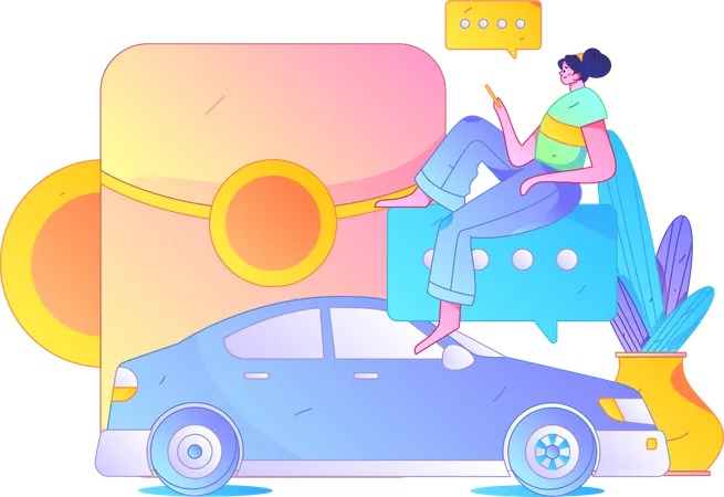 Une jeune fille discute avec un chauffeur de taxi sur son téléphone portable  Illustration