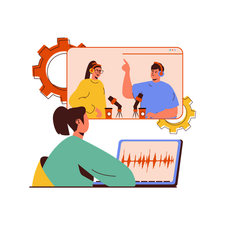 Jeune fille écoutant une émission de podcast en ligne  Illustration
