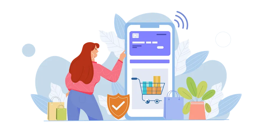 Jeune fille effectuant un paiement par carte de crédit pour des achats en ligne à l'aide d'un téléphone portable  Illustration