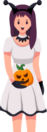 Jeune fille en costume d'Halloween avec citrouille  Illustration