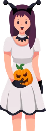 Jeune fille en costume d'Halloween avec citrouille  Illustration