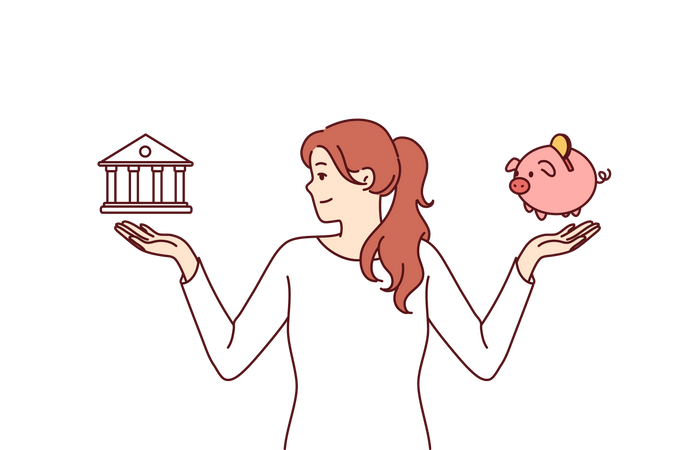 Jeune fille économise de l'argent en banque  Illustration