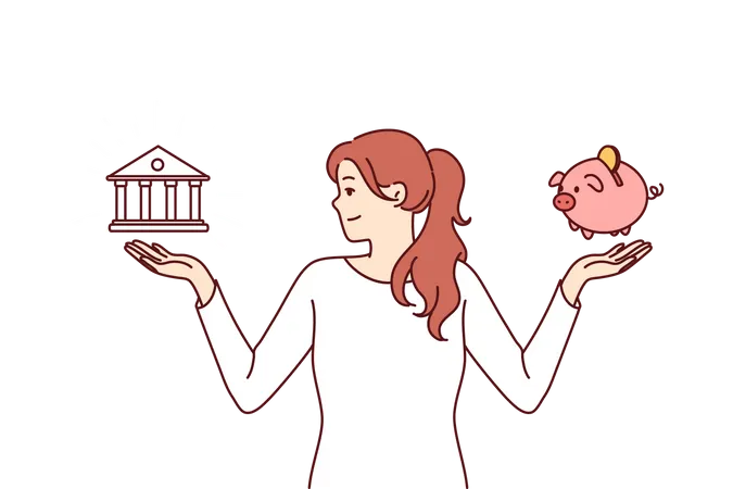 Jeune fille économise de l'argent en banque  Illustration