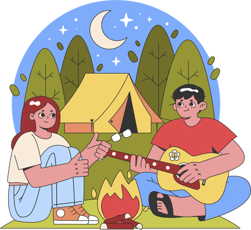 Jeune fille et garçon appréciant le camping  Illustration