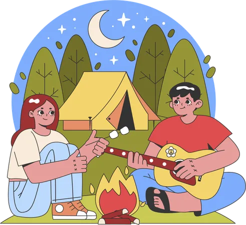 Jeune fille et garçon appréciant le camping  Illustration