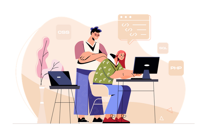 Jeune fille effectuant un travail de codage au bureau  Illustration