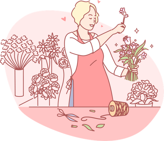 Jeune fille faisant un bouquet de fleurs  Illustration