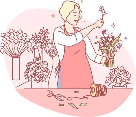 Jeune fille faisant un bouquet de fleurs  Illustration