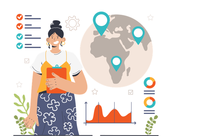 Jeune fille faisant une analyse commerciale mondiale  Illustration