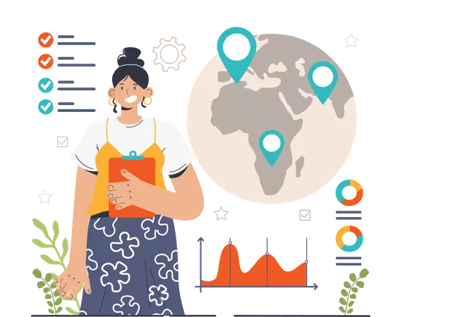 Jeune fille faisant une analyse commerciale mondiale  Illustration