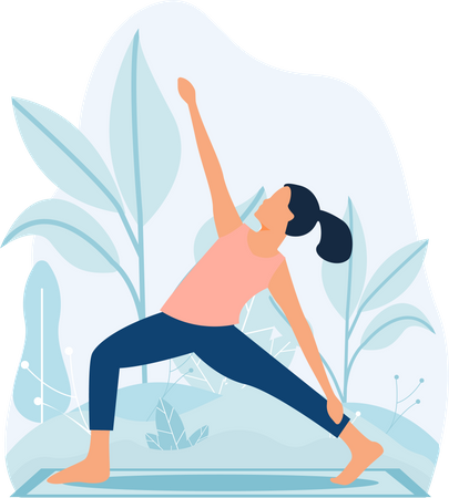 Jeune fille faisant Virabhadrasana dans la nature  Illustration