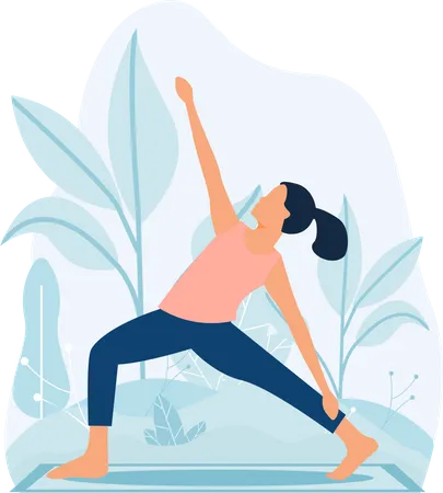 Jeune fille faisant Virabhadrasana dans la nature  Illustration