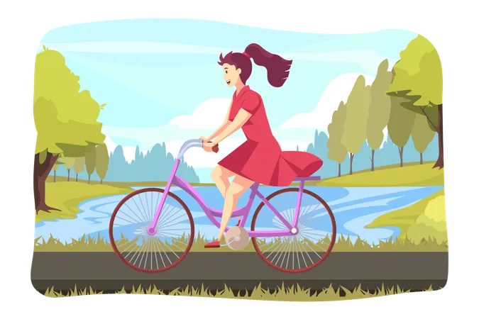 Jeune fille heureuse, faire du vélo au parc  Illustration