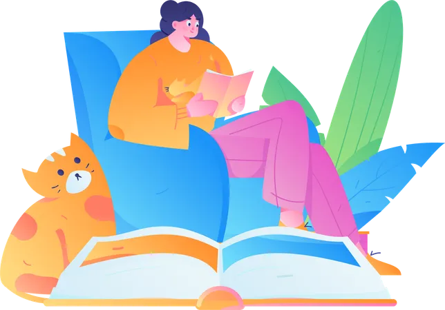 Jeune fille lisant un livre à la maison  Illustration