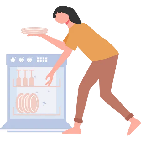 Jeune fille mettant des assiettes au lave-vaisselle  Illustration