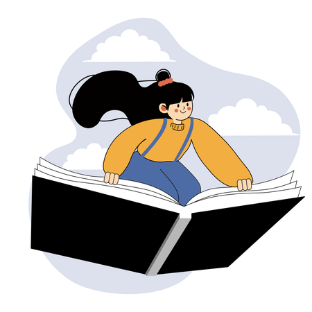 Jeune fille chevauchant un livre géant avec un fond de ciel nuageux  Illustration