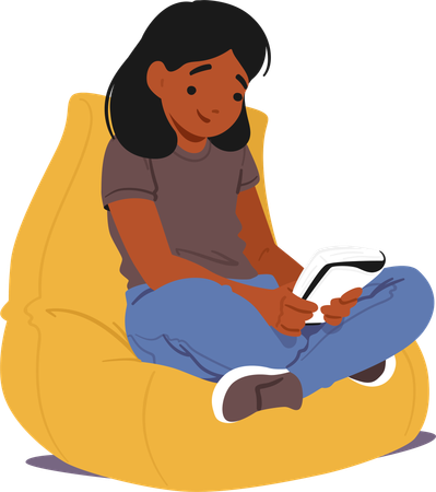 Personnage de jeune fille absorbée par un livre assise sur un pouf  Illustration