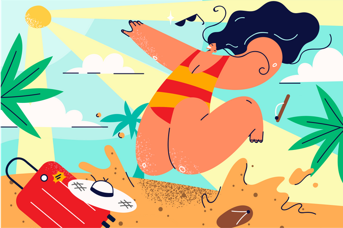 Jeune fille appréciant la vie à la plage  Illustration