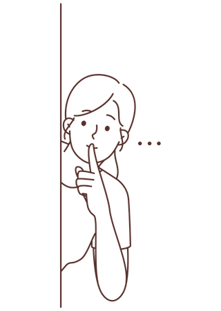 Une jeune fille se cache à côté du mur et met le doigt sur la bouche  Illustration