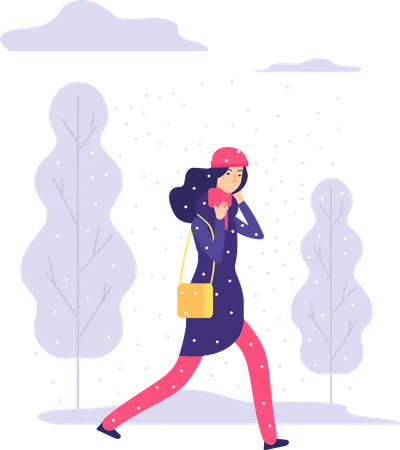 Jeune fille sortant par temps de neige  Illustration