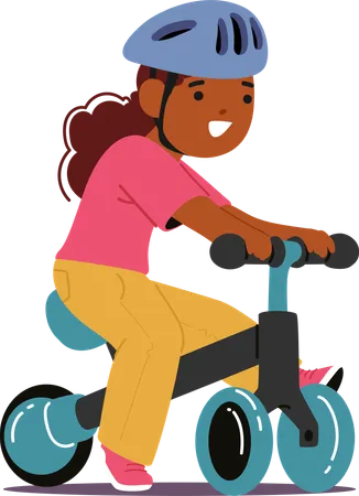 Jeune fille sur un vélo bleu avec des détails roses et jaunes. Le personnage de dessin animé d'enfant noir porte un casque bleu  Illustration