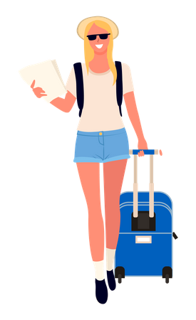 Jeune fille tenant un document avec un sac de voyage en voyage  Illustration