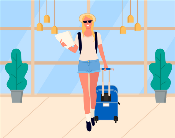 Jeune fille tenant un document et un sac de voyage à l'aéroport  Illustration