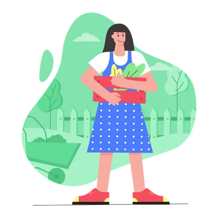 Jeune fille tenant une boîte avec des légumes  Illustration