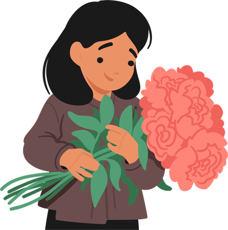 Jeune fille tient un bouquet de pivoine rose  Illustration