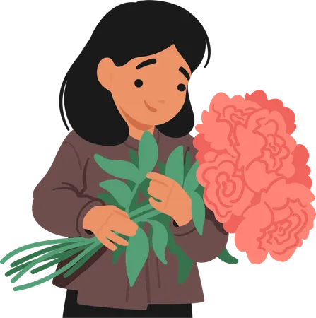 Jeune fille tient un bouquet de pivoine rose  Illustration