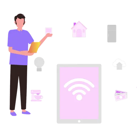 Le jeune garçon a une connexion Wi-Fi  Illustration