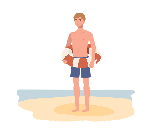 Jeune garçon en maillot de bain tout en tenant une bouée de sauvetage sur la plage  Illustration