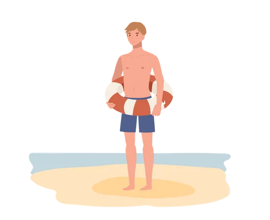 Jeune garçon en maillot de bain tout en tenant une bouée de sauvetage sur la plage  Illustration